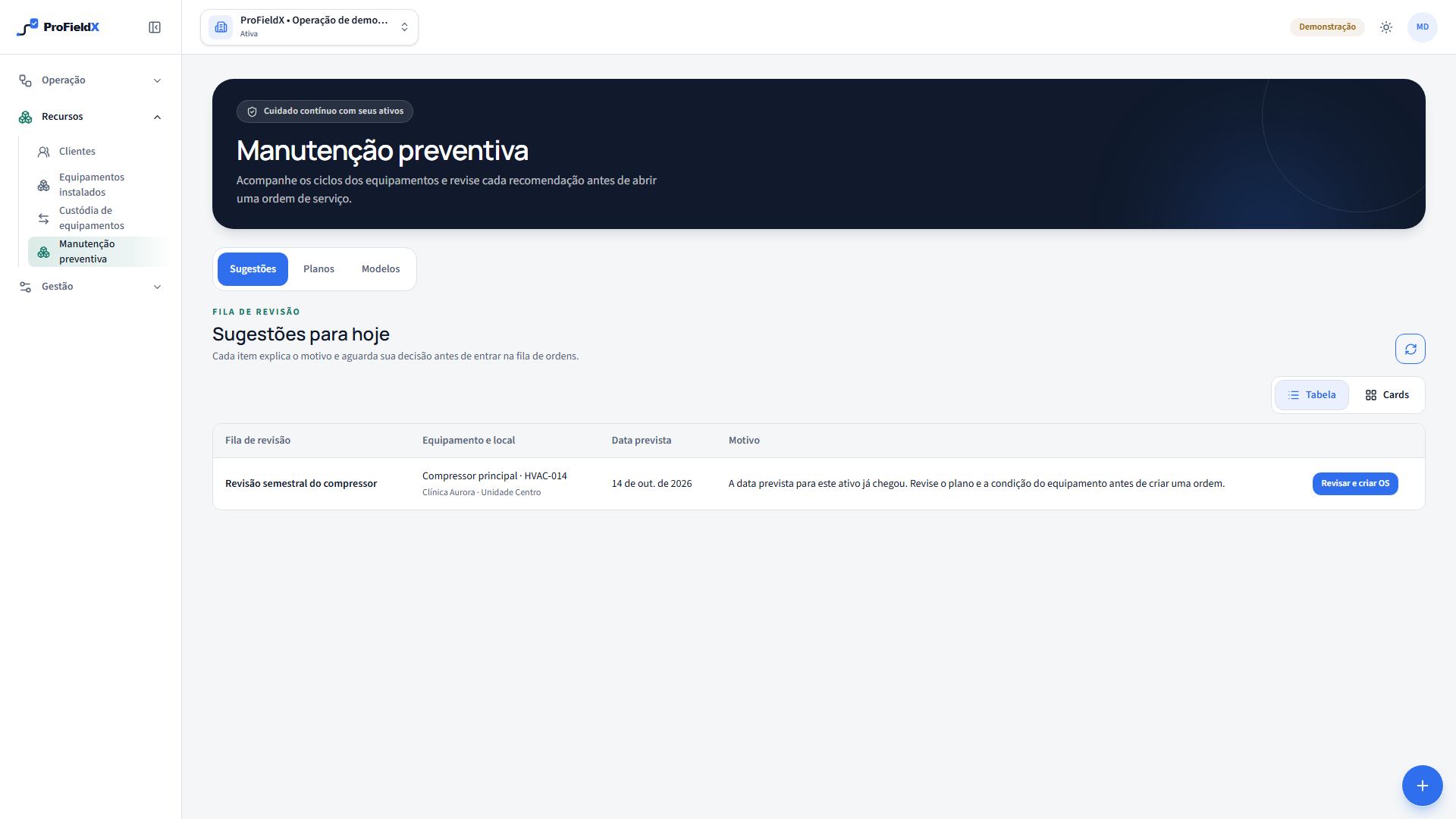 Tela real de manutenção preventiva do ProFieldX com uma sugestão fictícia de revisão do compressor e a ação Revisar e criar OS.