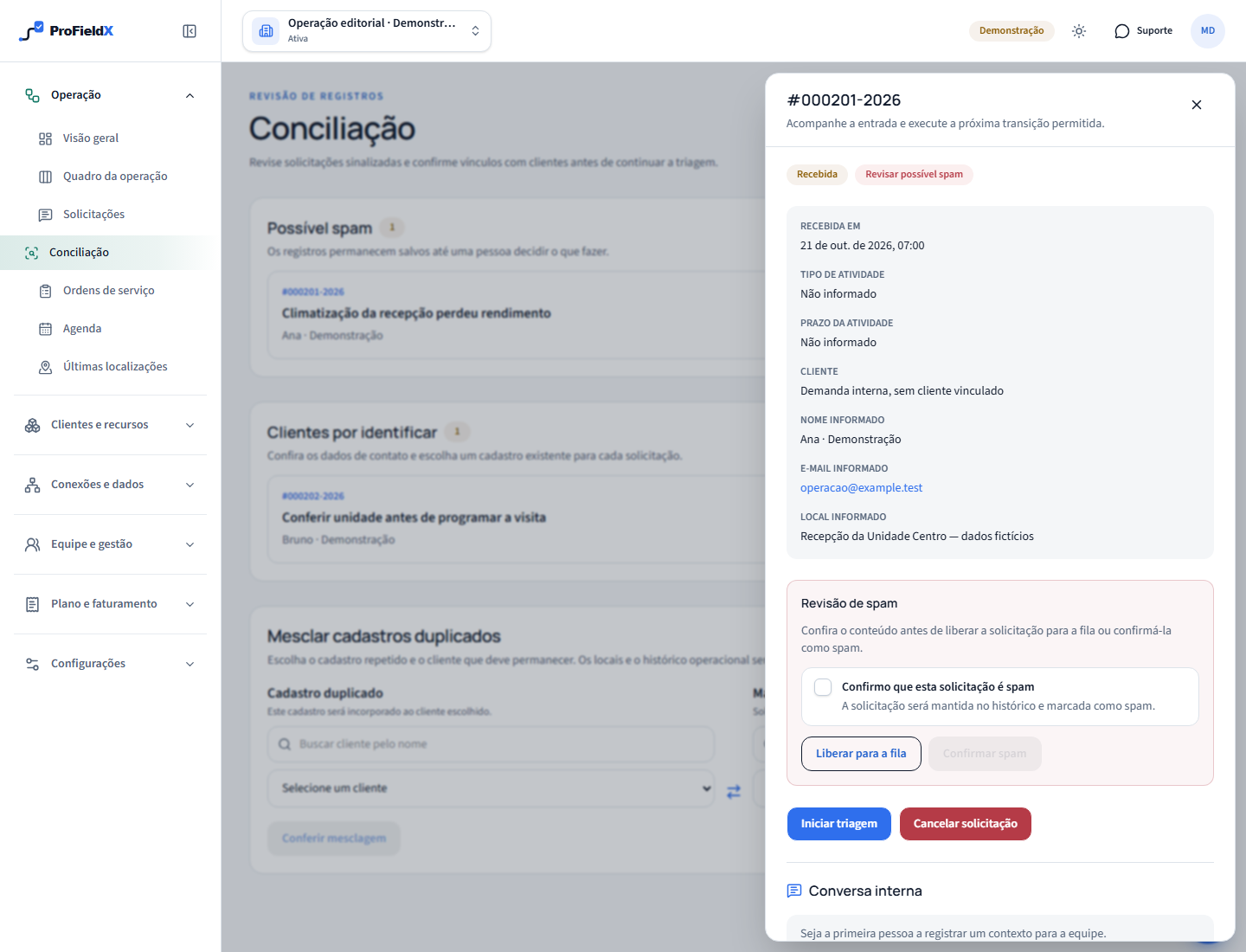 Fictional request open in a side panel with supplied name, email, location and spam review controls.
