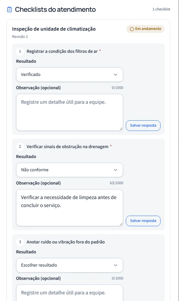 Checklist de uma visita no ProFieldX, com verificações, respostas e observações. Dados fictícios.